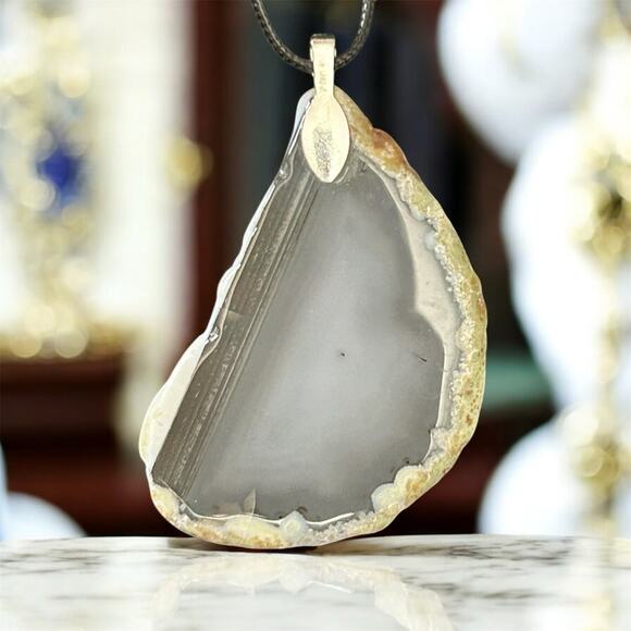 Natural Agate Slice Pendant ~ Gray Stone Necklace - Picture 3 of 4